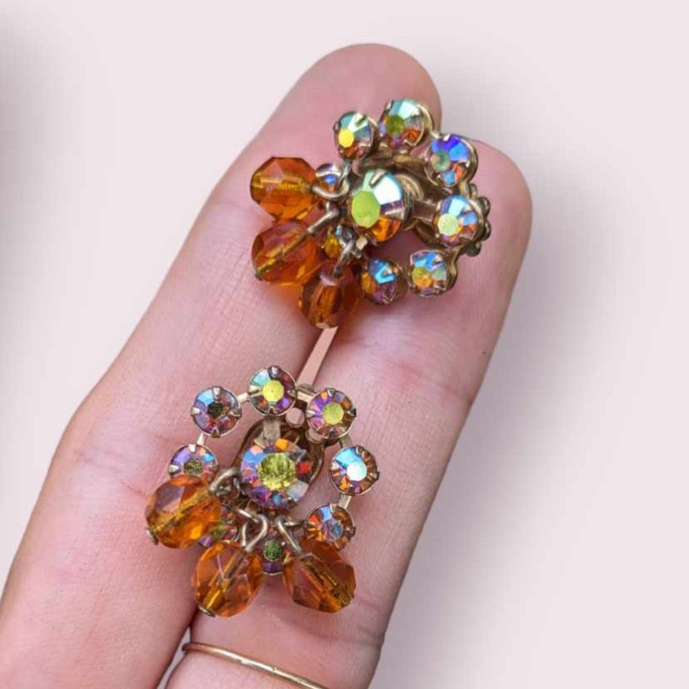Vintage Weiss Aurora Borealis and Amber Beaded Clipons